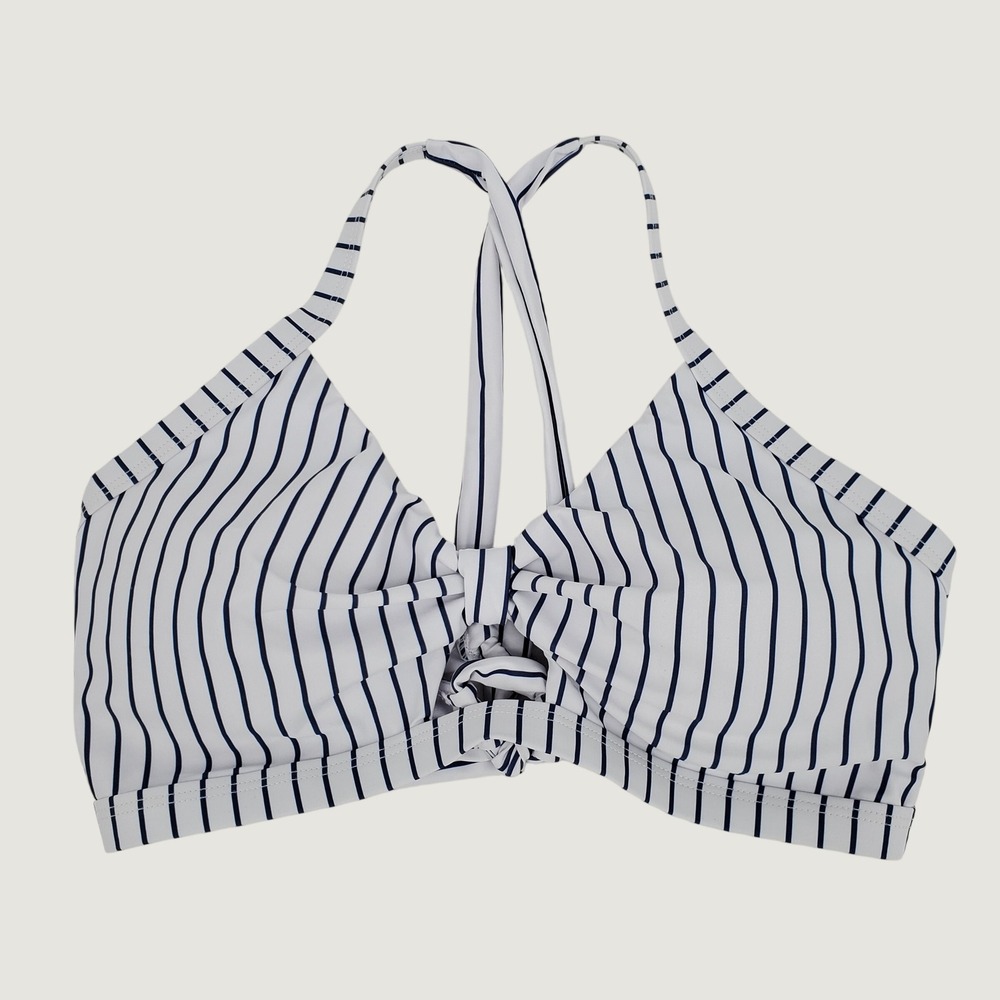 Blooming Jelly Striped Halter Bikini Swim Top Large Navy White Lace Up‎ Back New